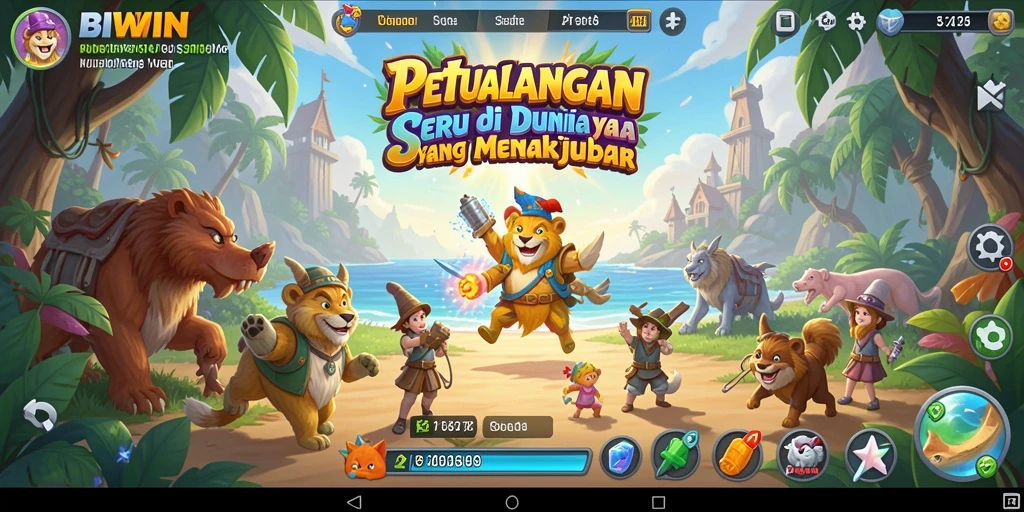 Tangkapan layar utama BIWIN menampilkan aksi petualangan mendebarkan di dunia yang memukau.