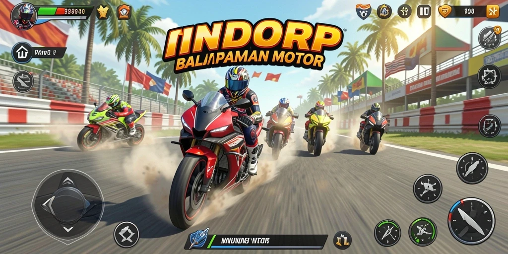 Screenshot utama INDORP menampilkan aksi balapan motor yang mendebarkan.