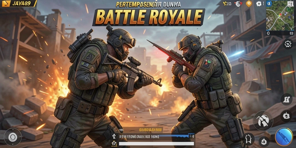 Tampilan gameplay seru JAYA89 dalam pertempuran Battle Royale.