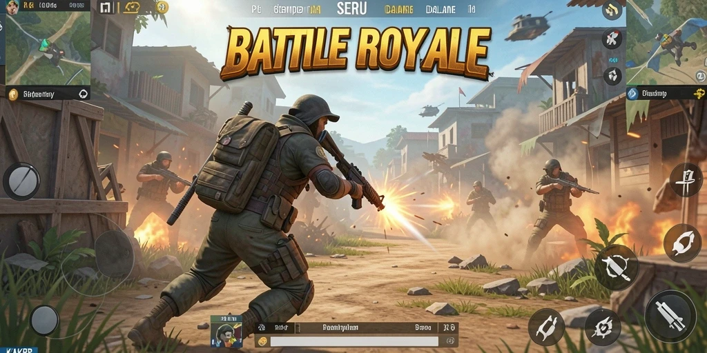 Screenshot utama KAKRP menampilkan aksi seru dalam permainan Battle Royale.