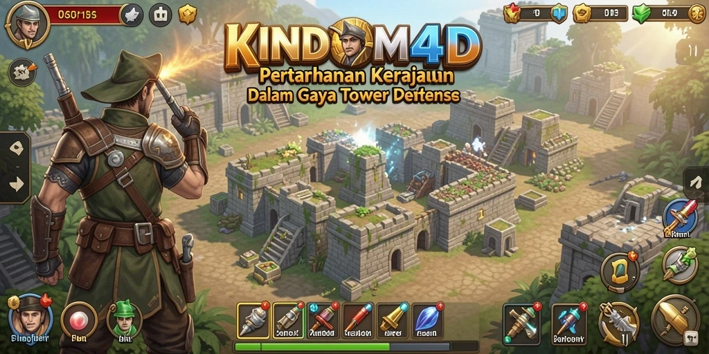 Screenshot KINDOM4D menampilkan aksi menara melawan gelombang musuh.