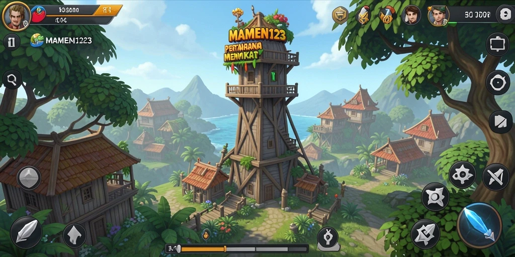 Gameplay MAMEN123 menunjukkan menara yang kuat melawan gelombang musuh.