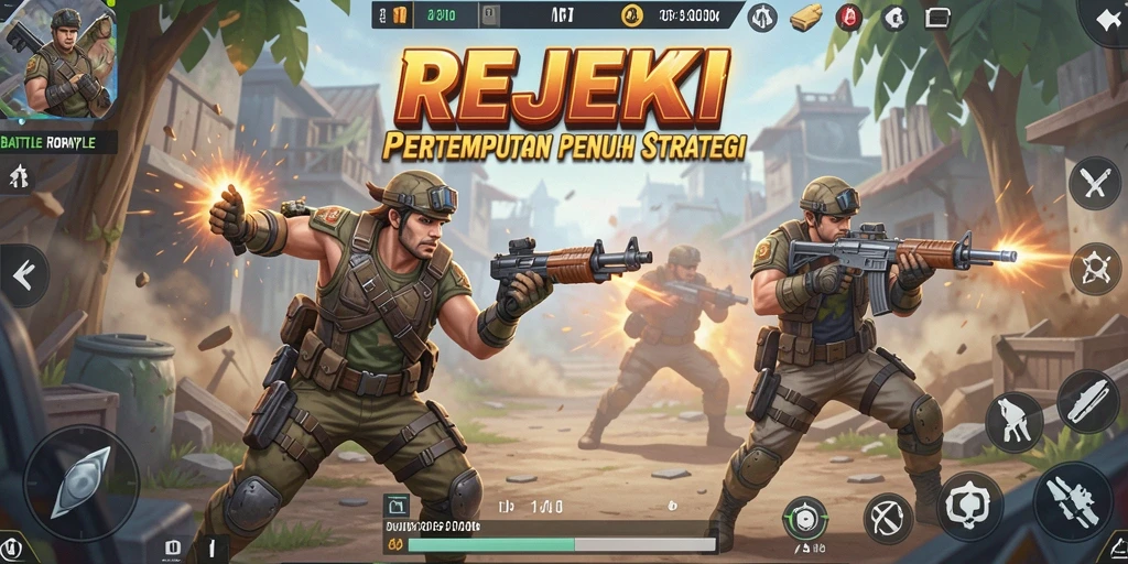 Screenshot menampilkan pertempuran intens dalam game Battle Royale REJEKI.