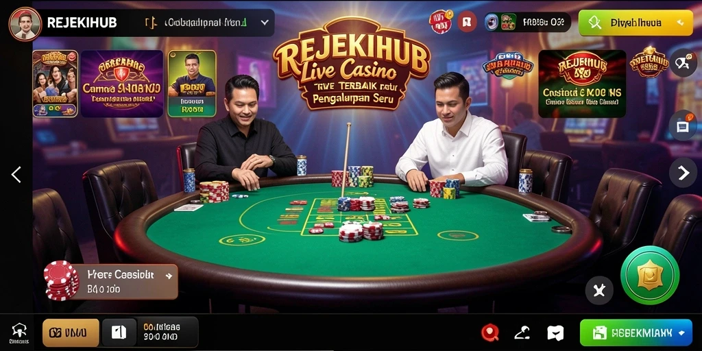 Tangkapan layar utama REJEKIHUB menampilkan dealer dan pemain dalam suasana Live Casino yang dinamis.