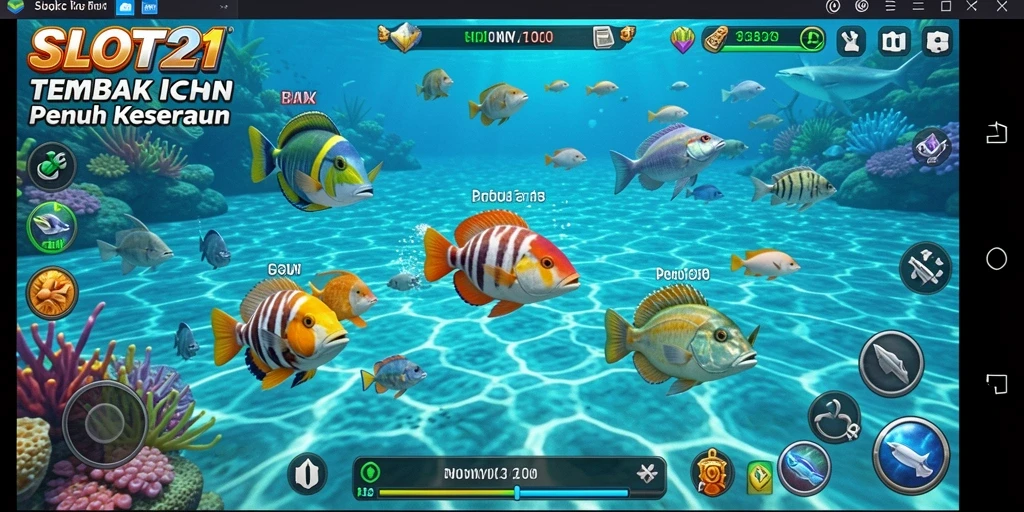 Tampilan gameplay SLOT21 dengan aksi menembak ikan yang seru.
